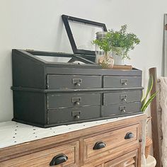 an old chest with drawers and plants on top is sitting on a table next to a chair