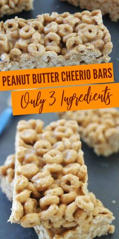 peanut butter cheerio bars cut in half and stacked on top of each other with text overlay