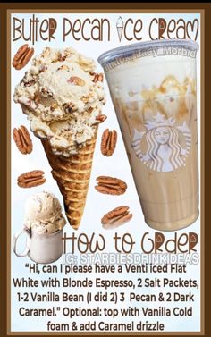 a poster advertising an ice cream sundae and coffee drink with pecan ice cream