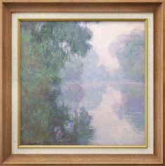 an oil painting of a river with trees in the background and fog on the water