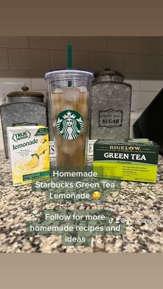 there are many different types of starbucks drinks on the counter in front of each other