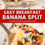 an easy breakfast banana split with chocolate and sprinkles on the top is shown