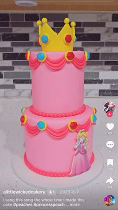 a pink cake with a princess crown on top