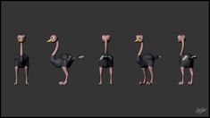 an animation character is standing in different poses with his head turned to look like an ostrich