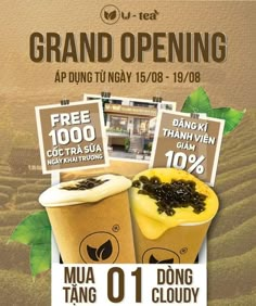 an advertisement for a coffee shop with two cups and the words grand opening on it