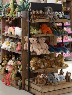 there are many stuffed animals on the shelves