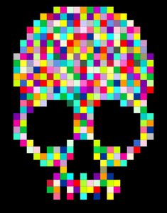 a colorful skull made up of squares in the shape of a pixellated pattern on a black background