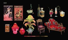 an assortment of furniture and decor items on display in front of a black background with text