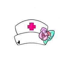 a drawing of a nurse's hat with a teddy bear on it and a pink cross