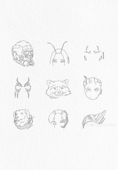 several drawings of different animals and faces