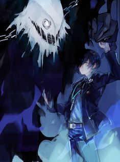 an anime character is standing in front of a monster