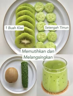 there is a plate with kiwis on it and a glass of green juice