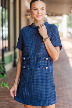 shop the mint, trendy online boutique, boutique clothing Short Sleeve Tweed Dress For Office, Chic Blue Tweed Dress, Blue Tweed Dress For Fall, Chic Blue Tweed Dress For Fall, Chic Blue Tweed Fall Dress, Perfect Lady, Tweed Shift Dress, Dress For Work, Floral Cocktail Dress