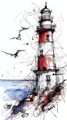 a drawing of a lighthouse with birds flying around it