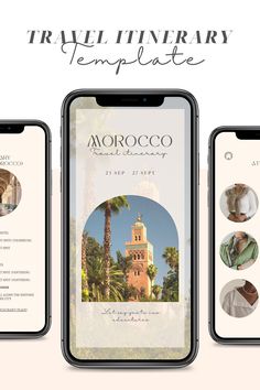 three iphone screens showing the travel information for morocco, including an image of a clock tower and palm trees