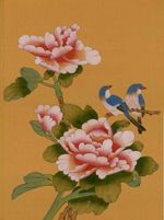 two birds sitting on top of flowers in a vase