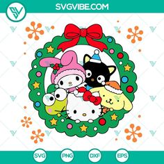 a christmas wreath with hello kitty and other cartoon characters in the center, surrounded by stars