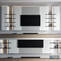 modern living room with white walls and black entertainment center on the wall, lighted by recessed lighting