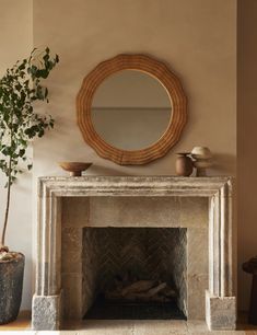 a living room with a fire place and mirror on the wall next to a potted plant