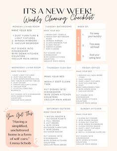 the it's a new week weekly cleaning checklist is shown in pink and white