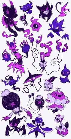 some purple and black cartoon characters on a white background