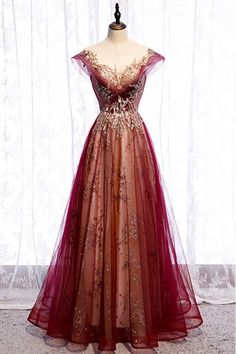 Shop burgundy formal prom dress with bling gold sequins cap sleeves online. Sheprom offers formal, party, casual & more style dresses to fit your special occasions. Beautiful Gradient, A Line Prom Dress, Yule Ball, Prom Dress Ideas, Red Evening Dress, فستان سهرة, A Line Prom Dresses, Dresses 2020, Prom Ideas