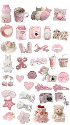 a collection of pink and white items are arranged in the shape of a collage