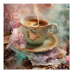 a cup of coffee with steam rising out of it and pink flowers on the side