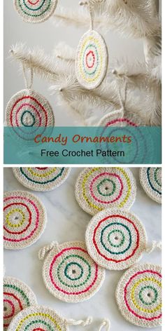 crocheted ornaments with the text candy ornaments free crochet pattern on it