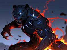 a black panther running through the air with red and orange flames around it's body