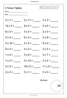 the printable worksheet for times tables