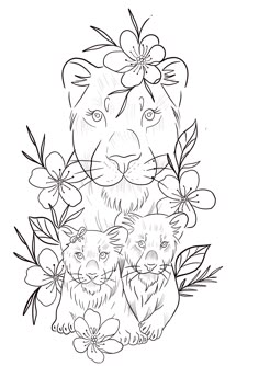 a lion and two cubs with flowers on their heads, in the shape of a heart