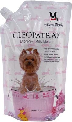 a bag of dogy milk bath with a little puppy in it's tub