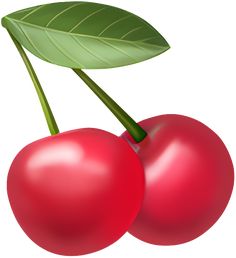 two cherries with green leaves on them