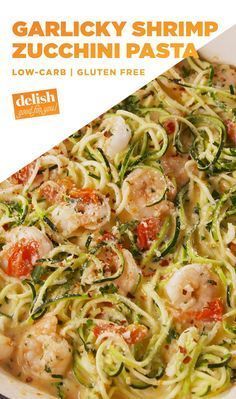 an advertisement for a pasta dish with shrimp, zucchini and tomatoes on it