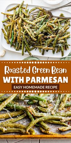 roasted green bean with parmesan on a white plate next to a serving dish