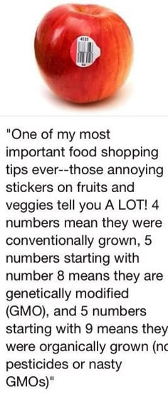 an apple with the words, one of my most important food shopping tips ever - those annoying stickers on fruits and veggies