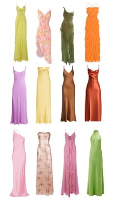 nine different colored dresses are shown in this image