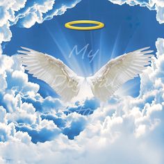 two white doves flying in the sky with an angel halo above them