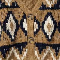 This stunning southwest-inspired cardigan sweater is made from a soft and comfortable acrylic/alpaca blend that has been yarn-dyed for rich, lasting color. It features a gold aztec print design, V-neck and four-button front placket, ribbed cuffs and a waist-length hem for a modern, flattering fit. V-Neck and 4-Button Front Placket Ribbed Cuffs Waist Length Hem Yarn-Dyed 85% Acrylic/15% Alpaca Imported Cozy Brown Cardigan With Fair Isle Pattern, Cozy Brown Fair Isle Pattern Cardigan, Aztec Cardigan, Casual Bottoms, Denim Boots, Denim Outerwear, Sweater Collection, Women Shirts Blouse, Sleeve Cardigan