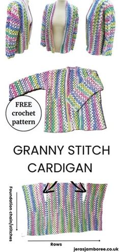 the granny stitch cardigan pattern is shown with instructions to make it easier for knitting