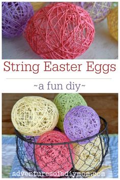 some yarn balls in a wire basket with the words string easter eggs written on it