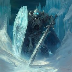 An imposing skeletal figure clad in dark, jagged armor stands amidst a vast, frozen landscape blanketed in ice and snow. Towering with a commanding presence, the figure’s ribcage is exposed, and its skull-like face emits an eerie blue glow from hollow eye sockets. Ice and frost encrust parts of the ancient, menacing armor, which features sharp angular edges and intricate details. In its left hand, the warrior grips a massive ice shield, translucent and jagged, as if carved from a glacier, reflecting the cold light of the environment. A frost-covered sword is wielded in its right hand, the blade heavy and edged with frozen spikes jutting from the hilt. The ground is a carpet of deep snow, disturbed by the figure’s path, leaving churned-up frost in its wake. Towering ice formations and glaci Ice Concept Art, Ice Knight, Frost Knight, Armor Dnd, Snow Elves, Icy Landscape, Ice Armor, Frozen Landscape, Ice Formations