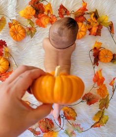 a baby laying on top of a white blanket next to orange and yellow leaves