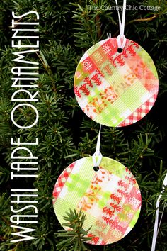 three paper ornaments hanging from a tree with the words, christmas ornament on them