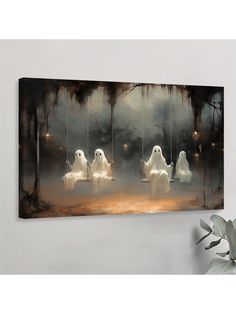 two white ghostes sitting on swings in the dark forest with lights hanging from them