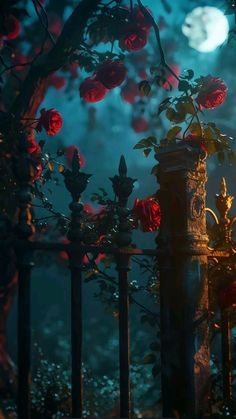 an iron fence with red roses growing on it and the moon in the sky above