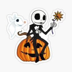 a skeleton sitting on top of a pumpkin with a flower in it's hand