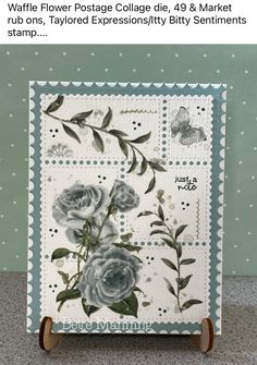 a card with flowers on it and the words, waffle flower postage collage die, 48 & market stamp