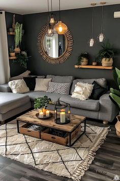 a living room filled with furniture next to a mirror and potted plants on top of a wooden table